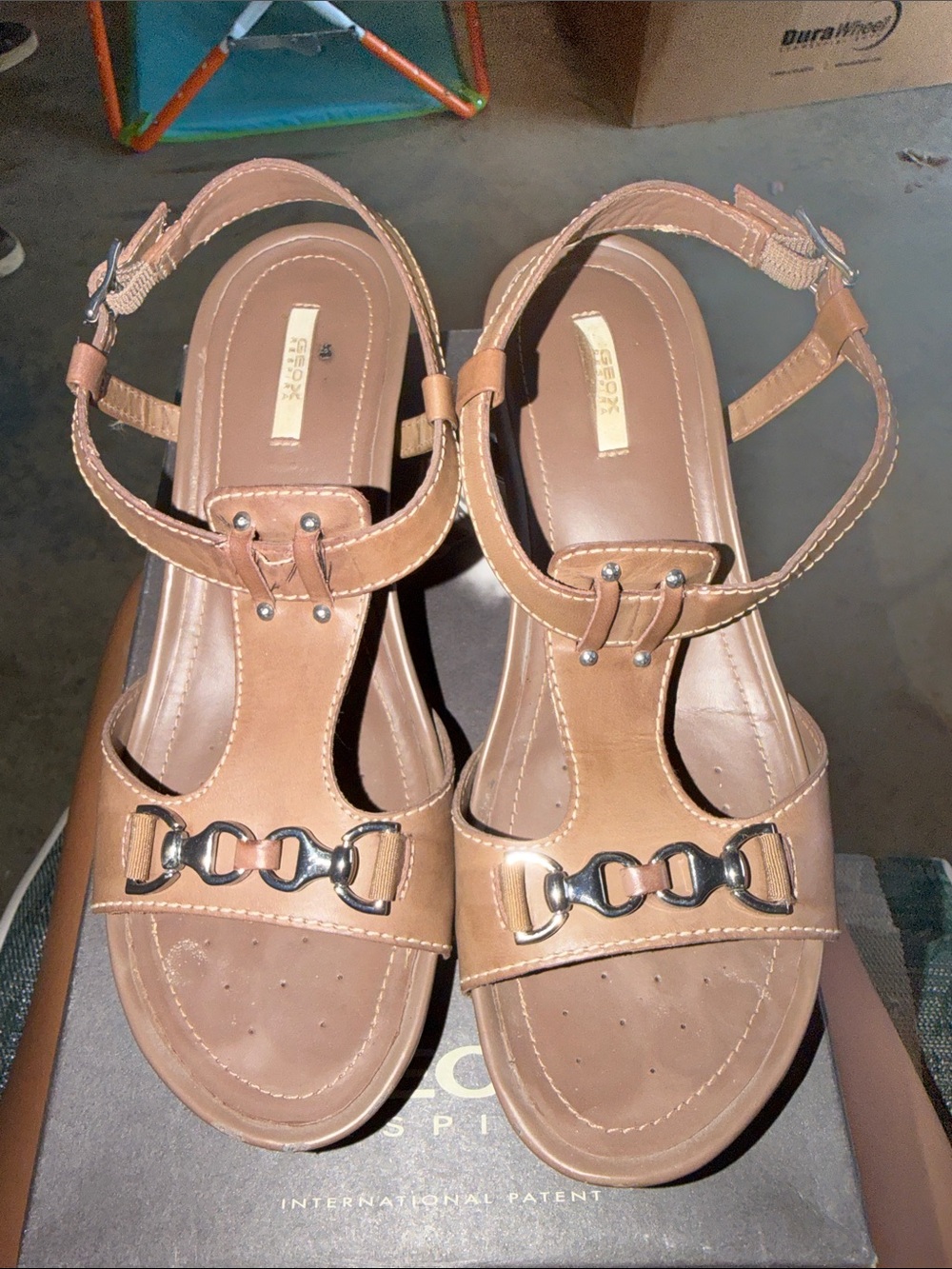 Geox Tan Leather T-Strap Sandals with Silver Accent